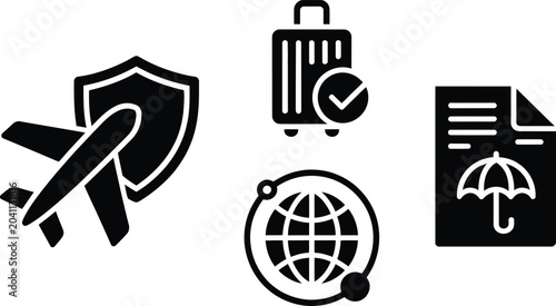 Travel safety and document verification icons set vector with document insurance security airplane suitcase vector
