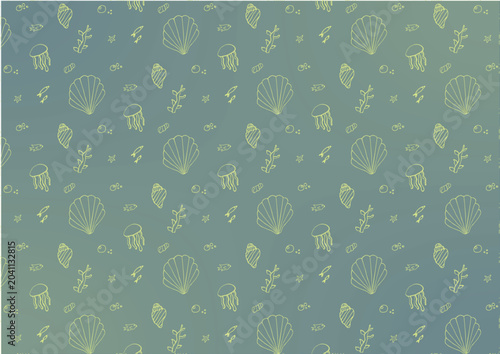 Seamless pattern with a nautical theme. Vector illustration. Design in a marine style. Hand-drawn ocean creatures. Gradient background
