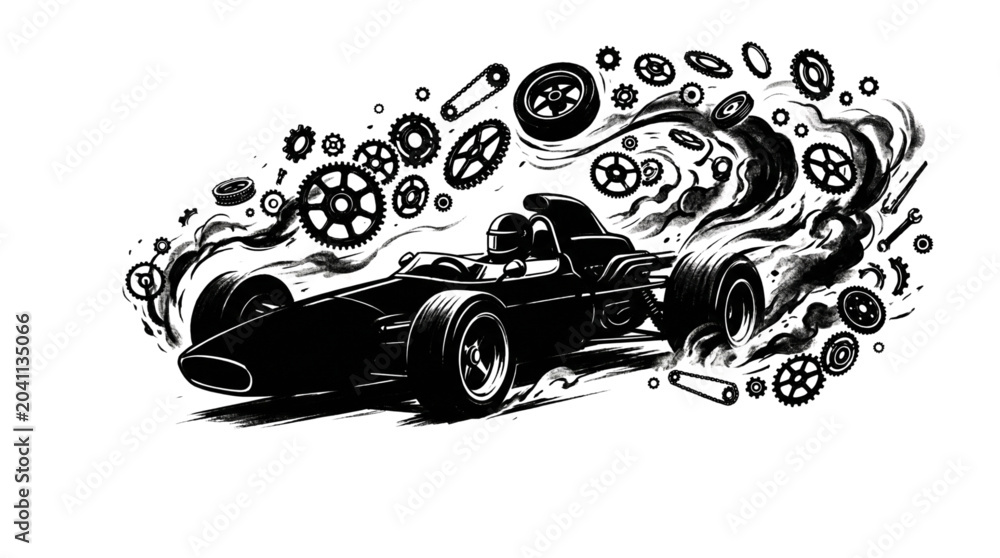 Fototapeta premium silhouette of a vintage formula race car surrounded by flying mechanical gears and engine part
