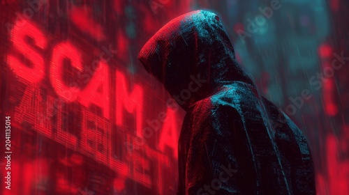 A dark and mysterious figure in a hoodie stands against a backdrop of digital scam alerts, creating a tense and cautionary atmosphere.