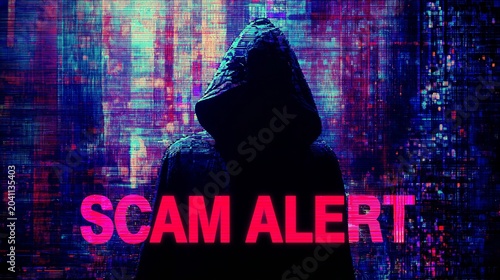 A shadowy figure in a dark hoodie amidst a vibrant, glitchy background, emphasizing a cautionary message about scams.