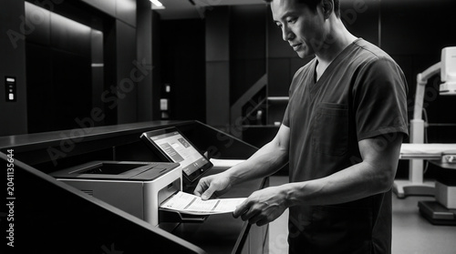 Medical Professional Printing Reports In A Modern Healthcare Setting