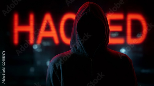 Mysterious figure in a hoodie stands against a dark background with the word 'HACKED' illuminated in red lights.