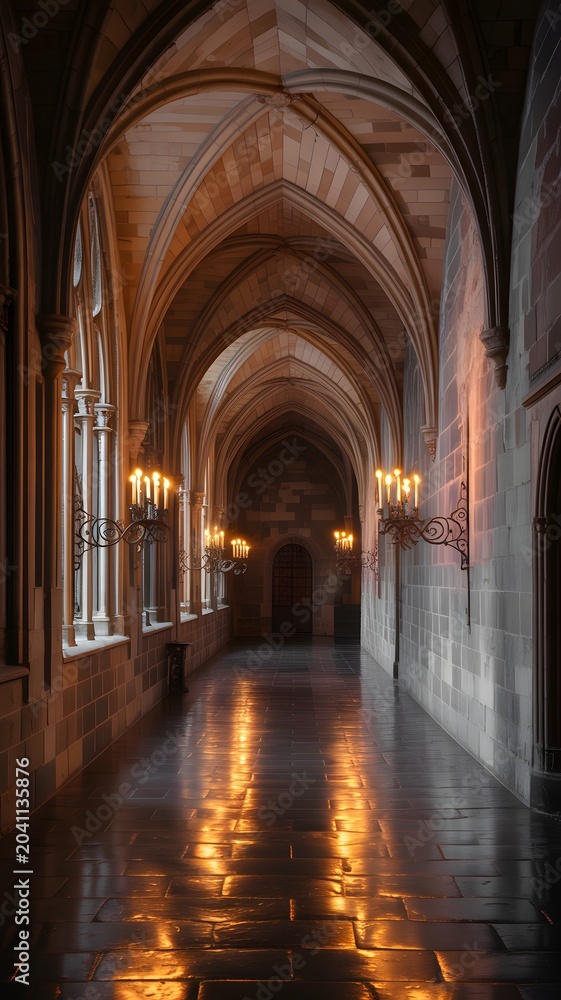 Fototapeta premium Serene Gothic Style Church Corridor with Arched Ceilings and Candlelit Walls