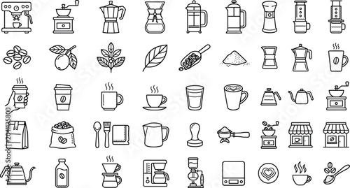 Tableau sur toile Set of hand drawn coffee related icons and brewing equipment.