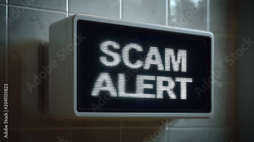 A bright, illuminated 'SCAM ALERT' sign in modern design, conveying a serious warning in bold letters.