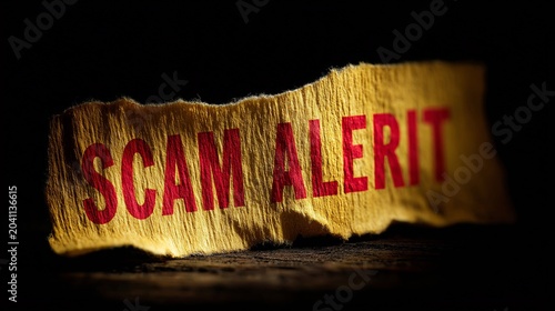 A vibrant yellow piece of paper displaying the bold text 'SCAM ALERT' emphasizes the seriousness of fraud warnings.