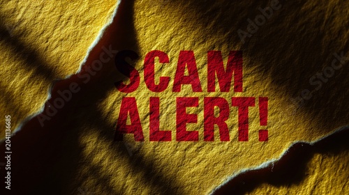 Bright yellow torn paper background with bold 'SCAM ALERT!' text for cautionary themes.