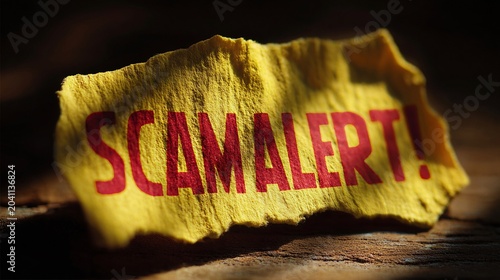 Close-up of a yellow torn paper with bold red text reading 'SCAM ALERT!' on a rustic wooden surface.