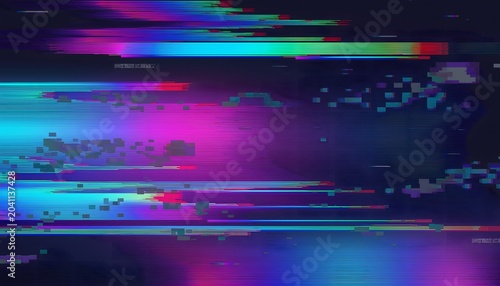 Distorted Digital Glitch Texture Featuring Abstract Horizontal Scanning Lines With Vibrant Chromatic Aberration And Dark Cyberpunk Aesthetic Atmosphere