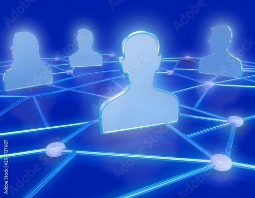 Digital Network Connectivity Featuring Interconnected Human Silhouettes With Glowing Blue Geometric Data Nodes And Abstract Cyberspace Communication Infrastructure