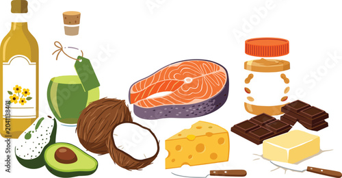 Fényképezés Healthy fats and keto diet food ingredients illustration.