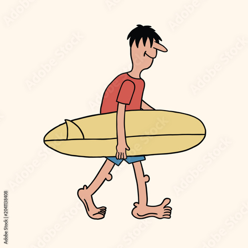 Photography man walking with surfboard retro cartoon illustration
