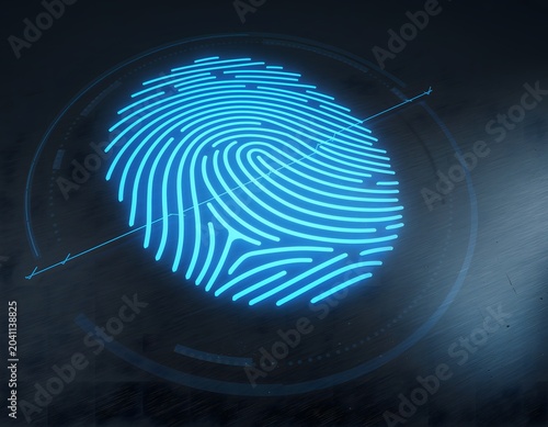 Futuristic Biometric Fingerprint Scan Glowing In Bright Neon Blue On A Dark Brushed Metallic Surface Representing Advanced Digital Security Identity Authentication And Cyber Access Control