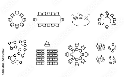 Corporate meeting and team discussion layout icons