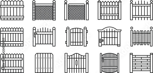 Φωτογραφία Fence, gates, barriers, 16 black and white vector icons, set of fences, gate des