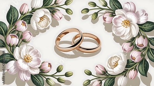 Elegant Gold Wedding Rings with White Floral Wreath Frame on Cream Background
