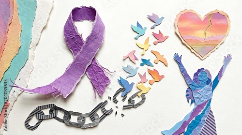 Collage art representing domestic violence awareness with a purple ribbon, broken chains, flying birds, and a liberated woman