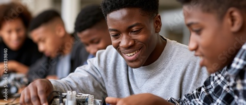 A group of enthusiastic teenagers collaborating on a robotics project, exemplifying teamwork, innovation, and creativity in technology and engineering.