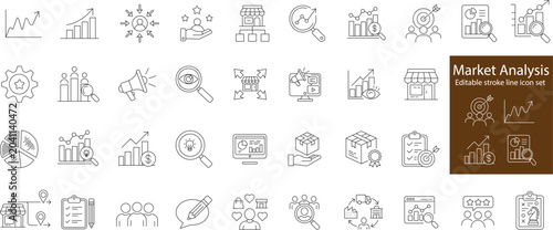 Market analysis line icon set editable stroke. market, growth, feedback, trends, market, research, strategy.