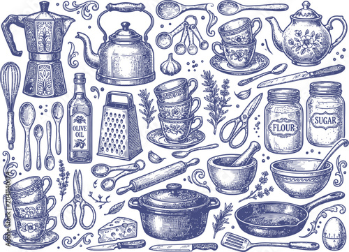 Detailed hand drawn kitchen utensils and cooking equipment collection in vintage blue style.