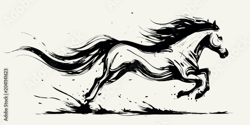 Schilderij op canvas galloping horse artistic ink wash illustration black white animal mammal equine