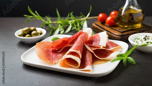 Thin slices of Spanish serrano ham. Generated with AI