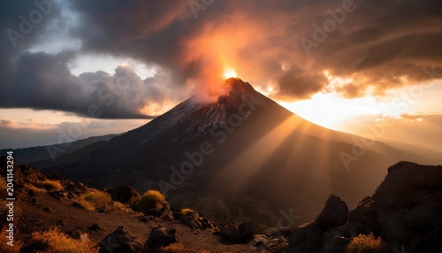 Volcanic peak with glowing lava around, volcano eruption. Generated with AI