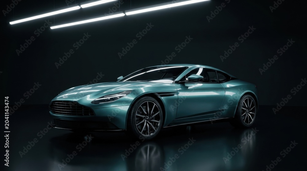 Fototapeta premium Sleek Metallic Teal Luxury Sports Car in a Dark Studio with Elegant Lighting Reflections