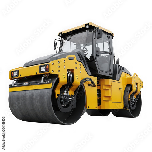 Yellow road roller compacting asphalt on construction site