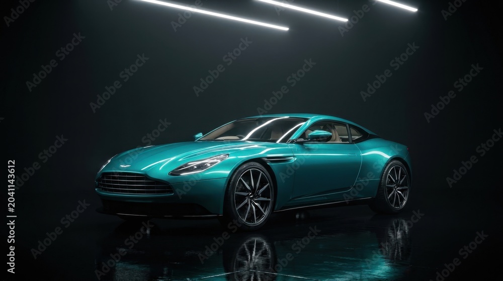 Fototapeta premium Modern Teal Luxury Sports Car in Dark Studio with Reflections, Sleek High-End Supercar Presentation
