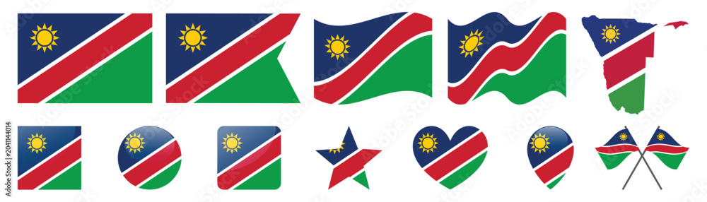 Fototapeta premium Namibia flag icon set featuring map outline and various graphic shapes.