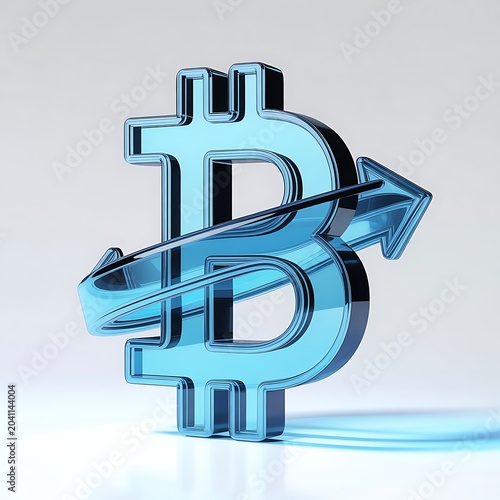 Blue 3D Bitcoin Symbol with Arrow Growth Cryptocurrency Finance Investment Concept
