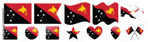 Konstfotografi papua new guinea flag variations, flat and waving styles with map of papua new guinea