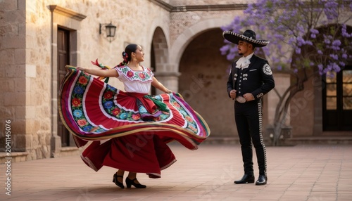 Mexican folk dancers spinning in traditional dress performing Jarabe Tapatio in a rustic courtyard, celebrating cultural heritage for Cinco de Mayo concept