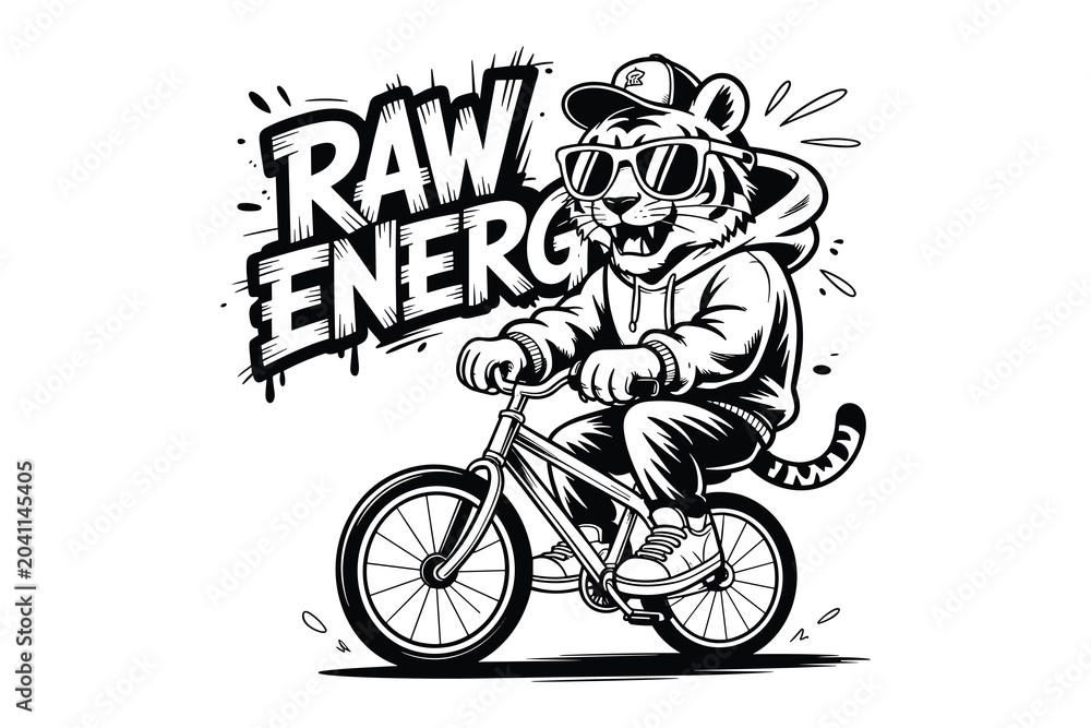 Naklejka premium Cool cheetah on bicycle illustration with 'raw energy' typography