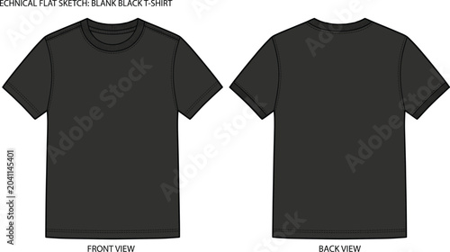 Obraz na płótnie Technical flat sketch of a blank black t shirt vector template displaying both f