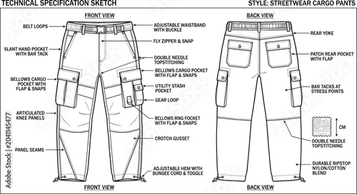 Foto Technical specification sketch of streetwear cargo pants vector showing front an