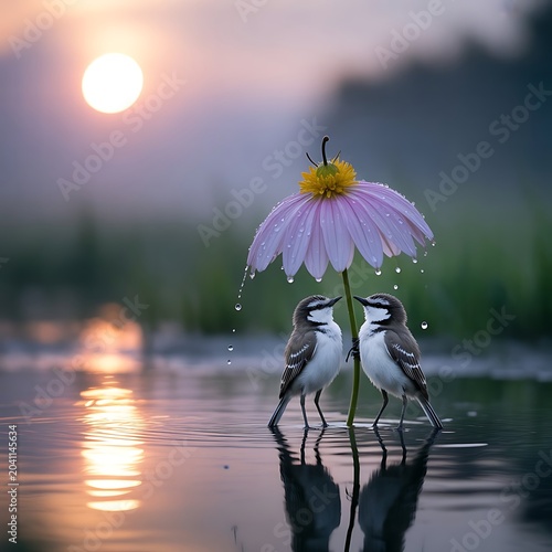 Cute Birds Sheltering Under Daisy Flower Umbrella in Rain at Sunset Photography
