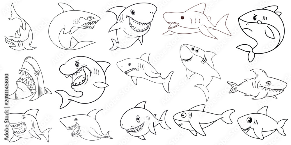 Fototapeta premium Cartoon Shark Mascot and Black Line Art Vector Collection - Editable Stroke.