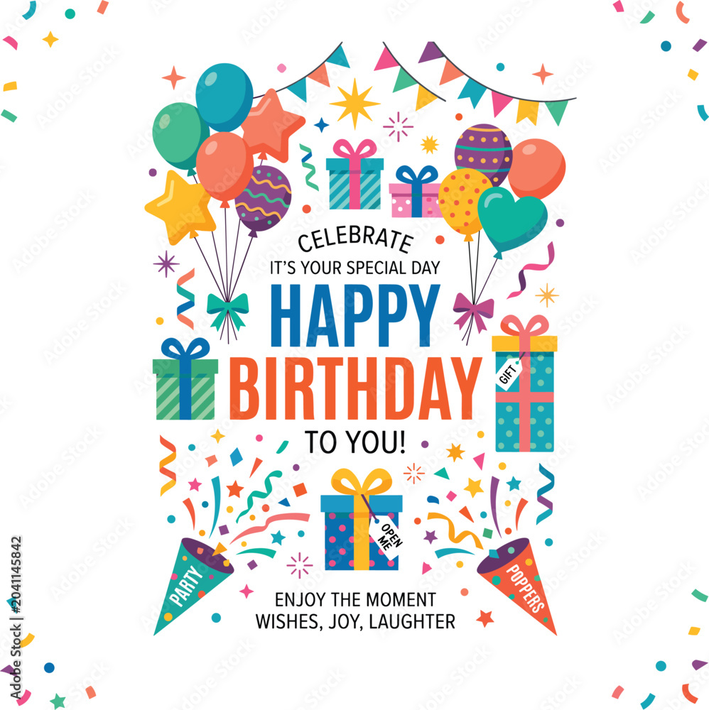 Naklejka premium Festive birthday illustration with balloons gifts and confetti