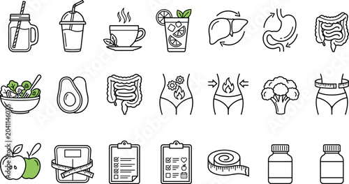 Εκτύπωση καμβά Set of Healthy Lifestyle and Digestive System Outline Icons.