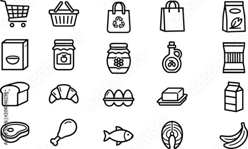 Set of grocery store and supermarket food items hand drawn icons.