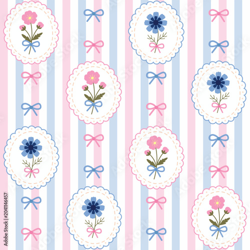 Billede på lærred Preppy flirty flower bouquet with bow in frame blue, pink seamless pattern on stripe bow background