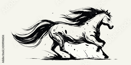 Quadro su tela galloping horse artistic ink wash illustration animal wildlife black white dynam