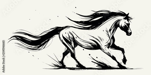 Tableau sur toile galloping horse artistic ink wash illustration animal equine running motion dyna
