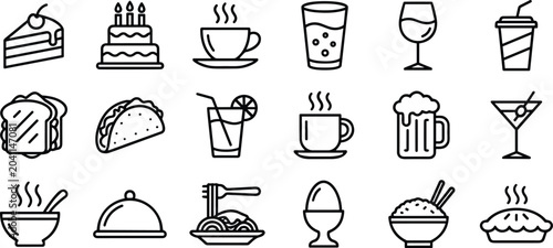 Set of black and white outline icons representing food and drinks.