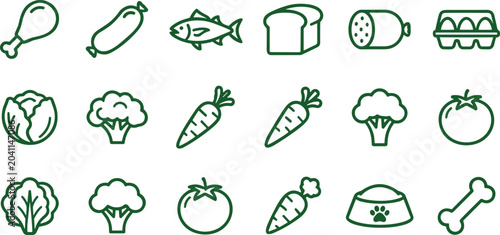 Set of simple outline food and grocery icons including fresh vegetables meat and dairy products.