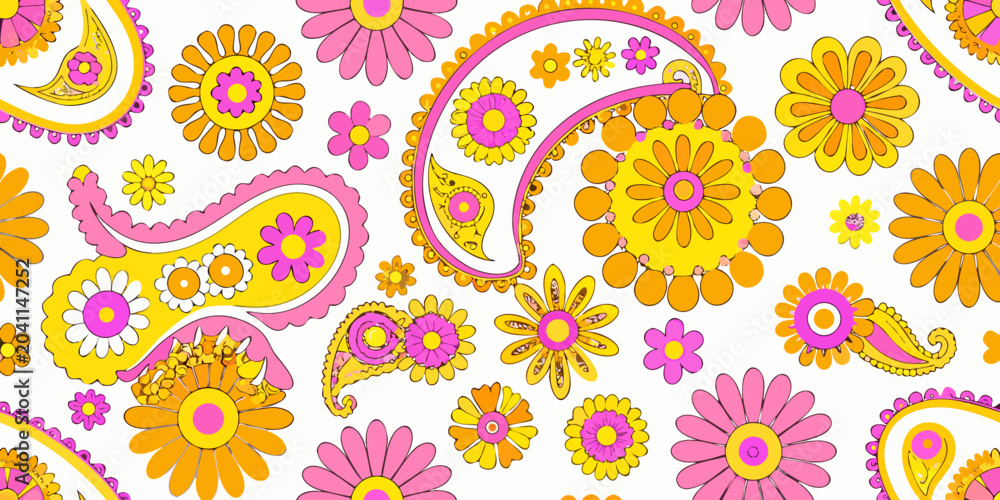 Fototapeta premium psychedelic floral paisley pattern on white background vibrant retro 1970s flower design
