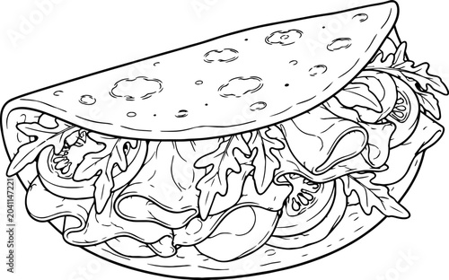Outline illustration of an Italian piadina stuffed with cured meats and vegetables.